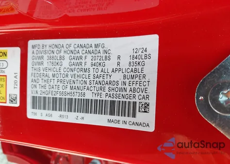 2025 Honda Civic Sport из США, поврежденный, VIN 2HGFE2F56SH557358